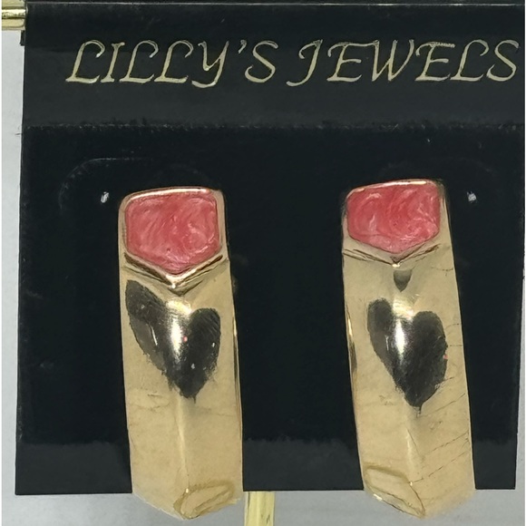Vintage Gold & Pink Enamel Drop Earrings by Lilly’s - Classic & Elegant Design - Picture 7 of 8